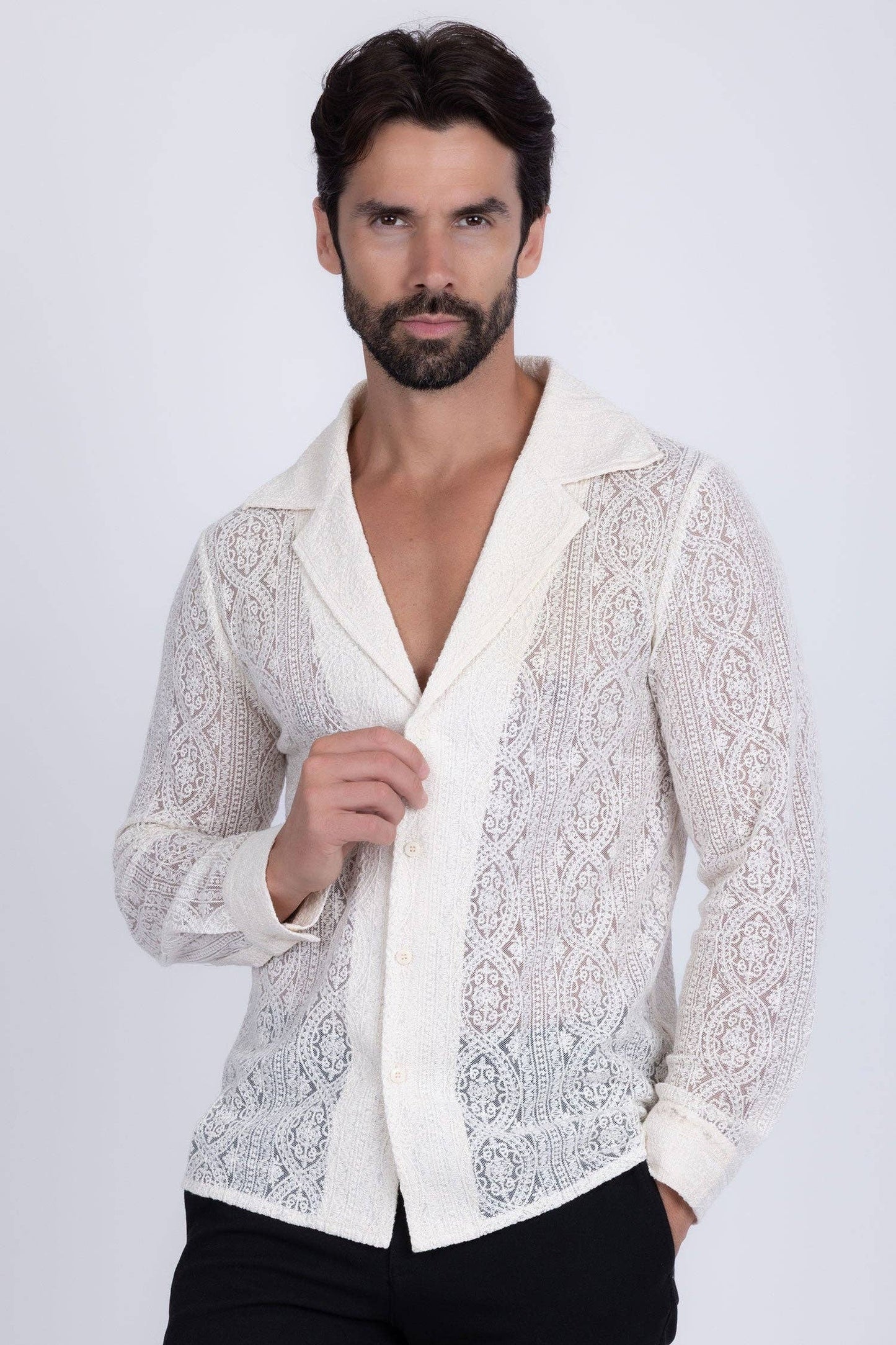 BARABAS - Men's See Through Floral Long Sleeve Shirts 4B85