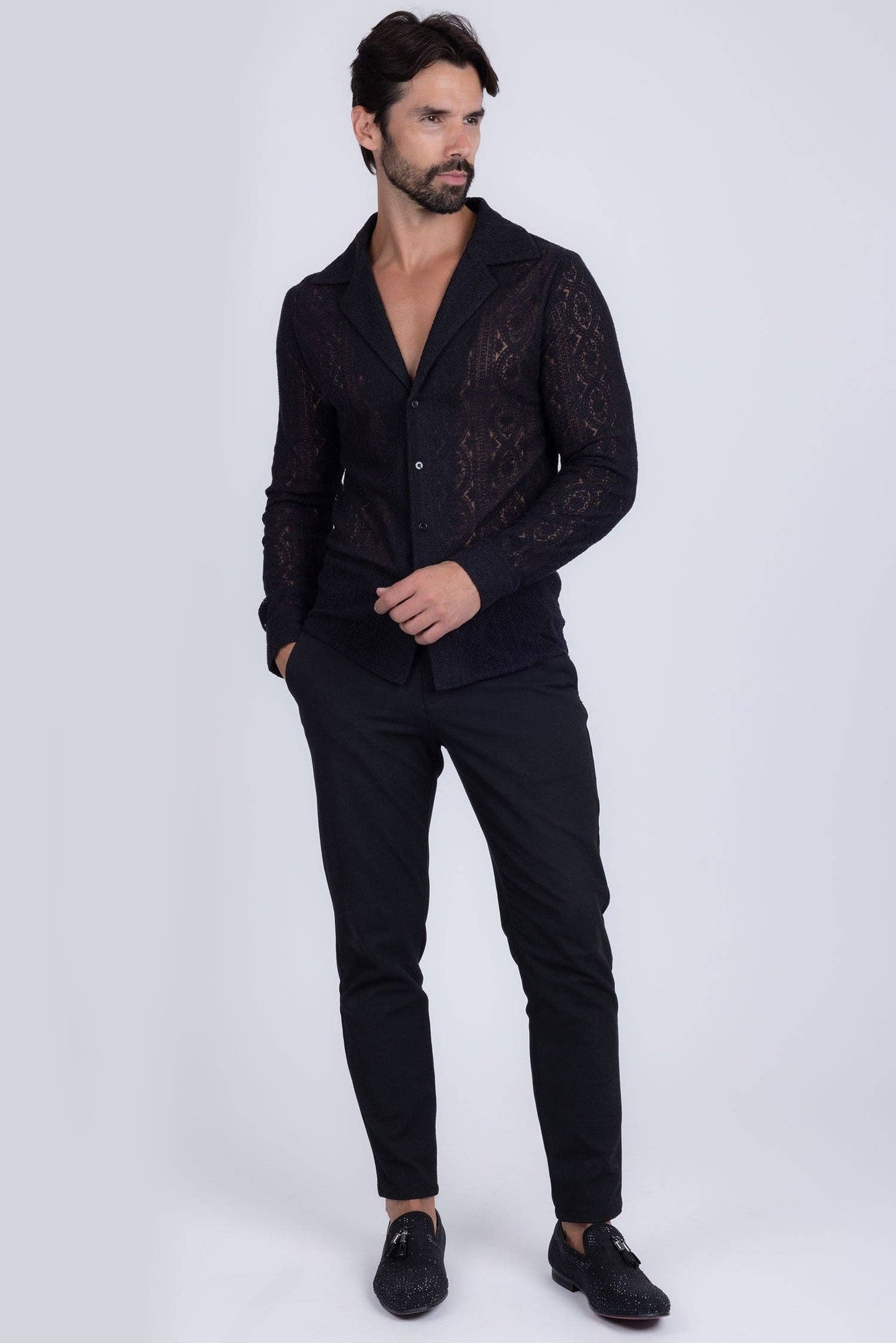 BARABAS - Men's See Through Floral Long Sleeve Shirts 4B85