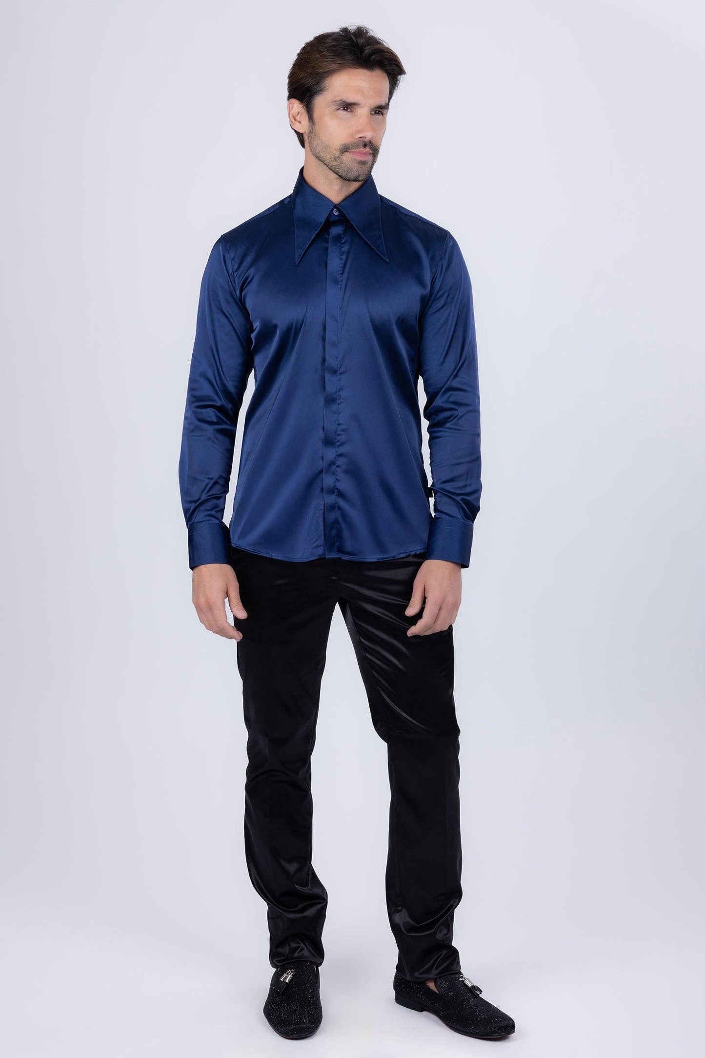 BARABAS - Men's Spear Point Shiny Long Sleeve Shirt 4B102