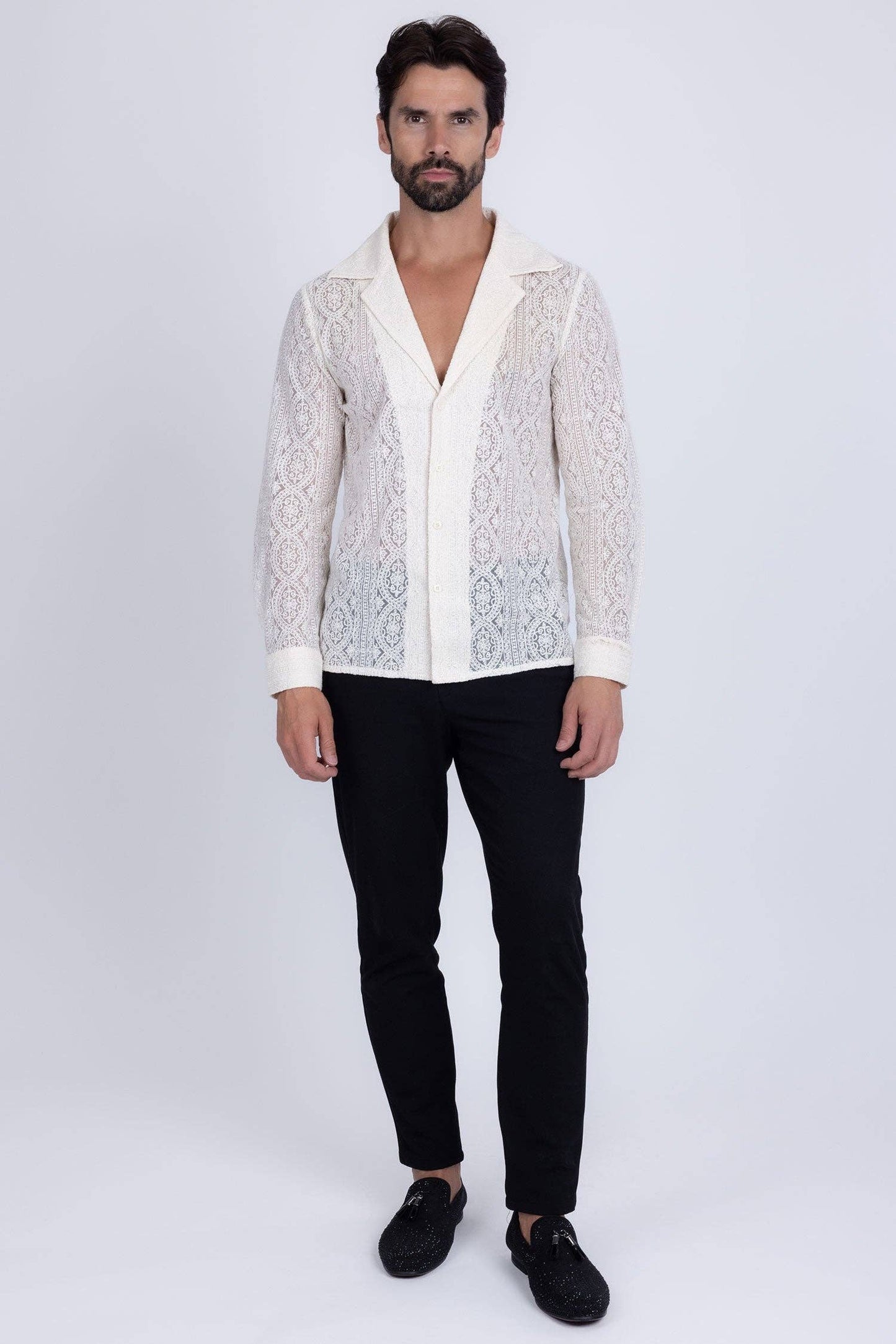 BARABAS - Men's See Through Floral Long Sleeve Shirts 4B85