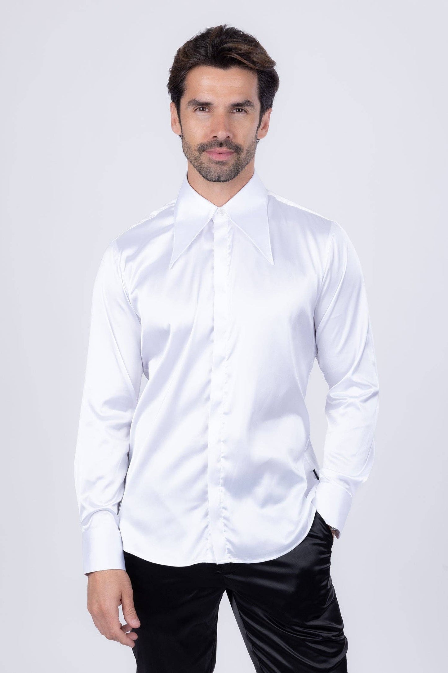 BARABAS - Men's Spear Point Shiny Long Sleeve Shirt 4B102