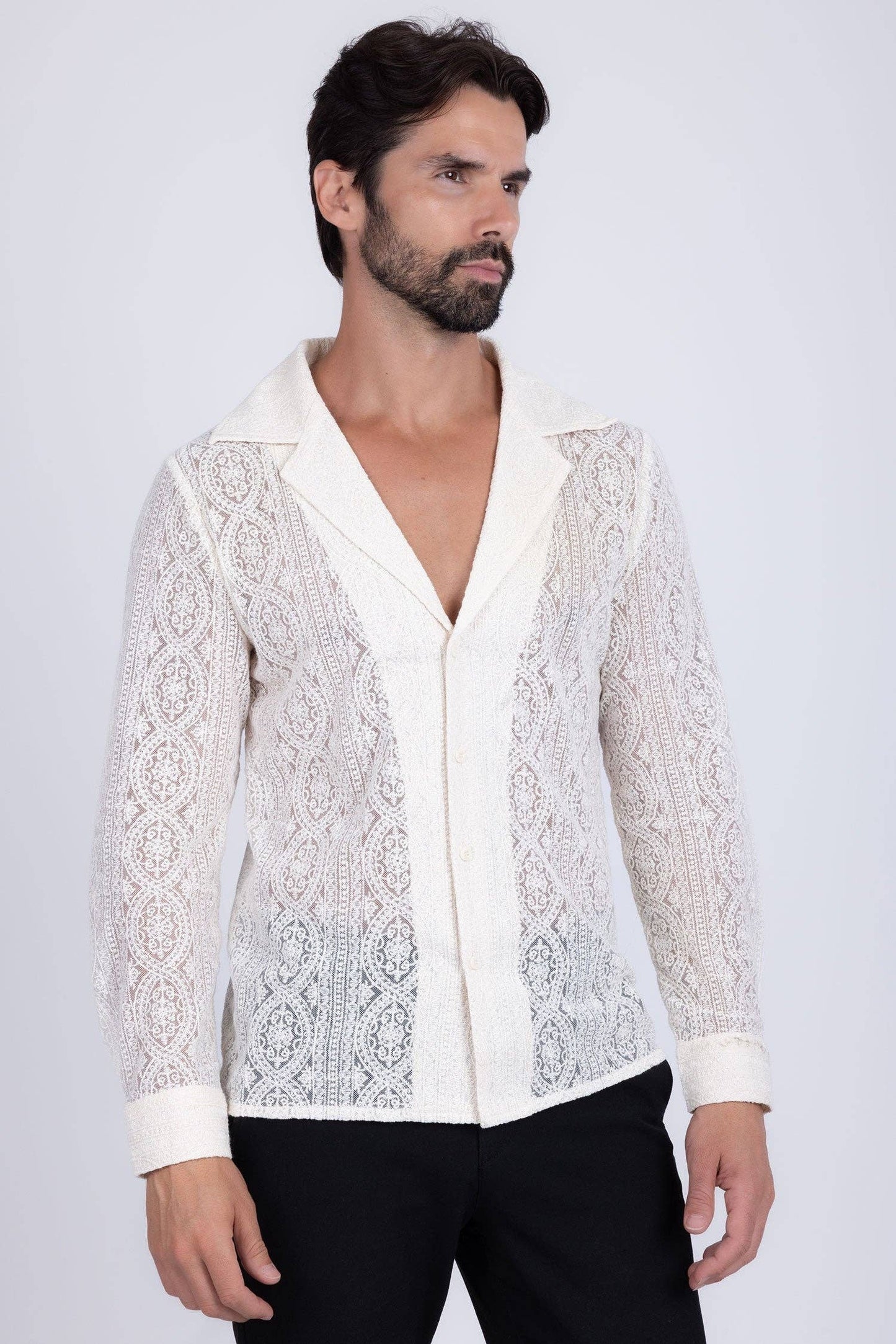 BARABAS - Men's See Through Floral Long Sleeve Shirts 4B85