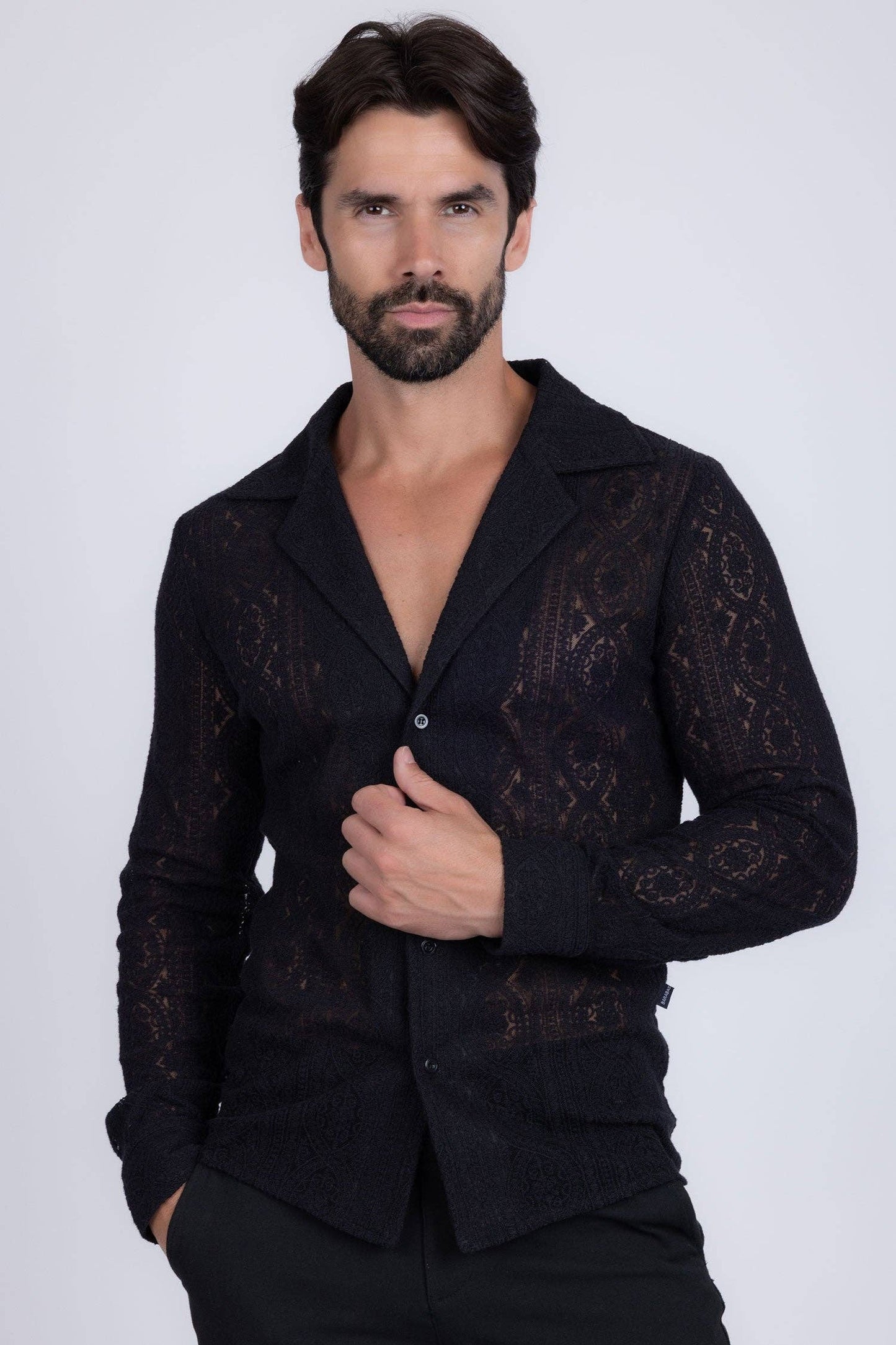 BARABAS - Men's See Through Floral Long Sleeve Shirts 4B85