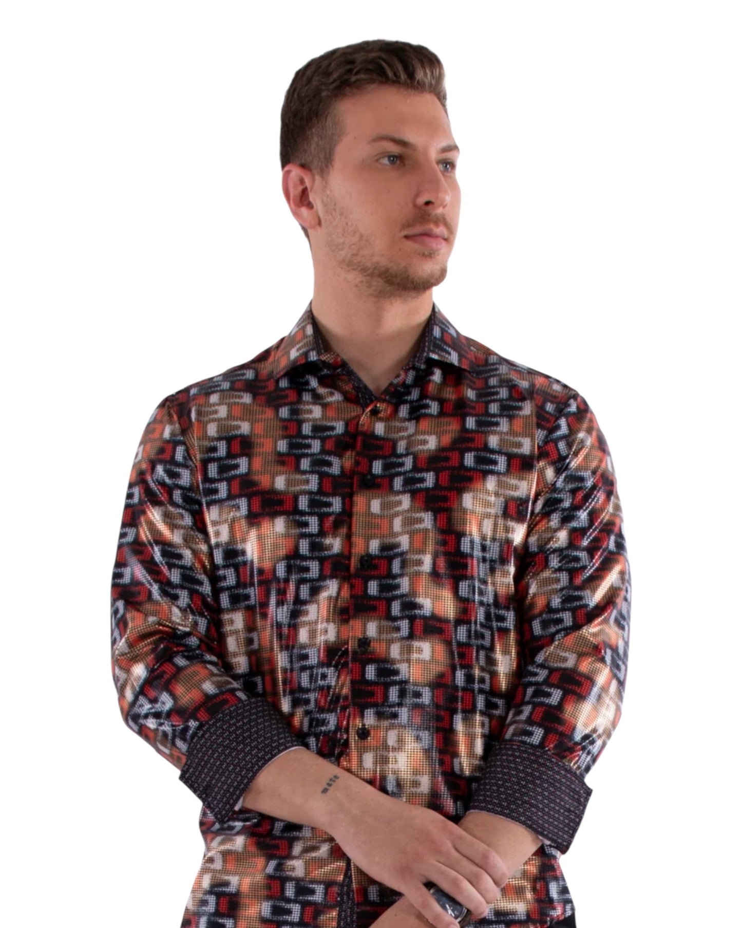 232250 Shiny Geo Print Long Sleeve Dress Shirt - Slim Fit