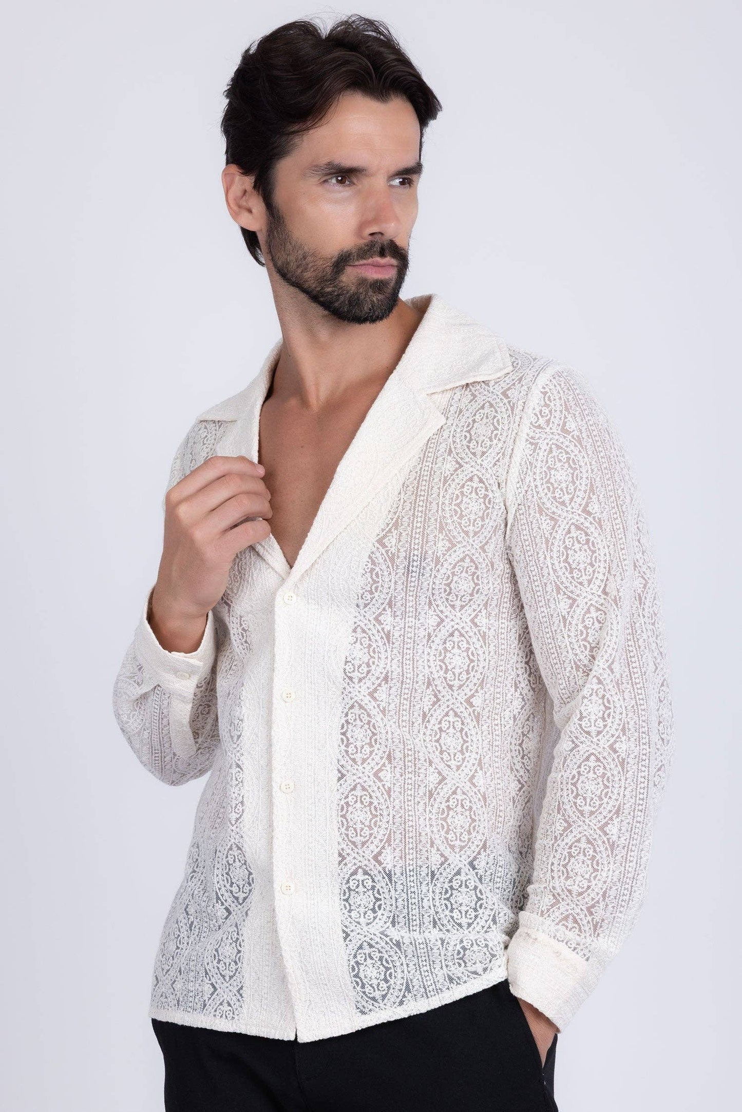 BARABAS - Men's See Through Floral Long Sleeve Shirts 4B85