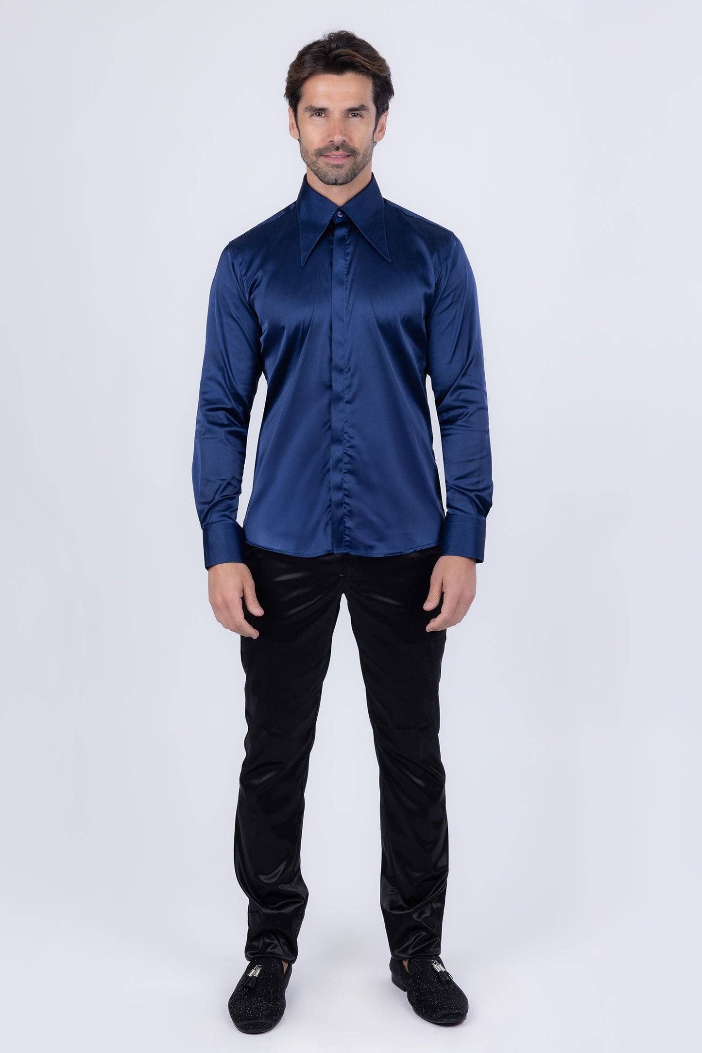 BARABAS - Men's Spear Point Shiny Long Sleeve Shirt 4B102