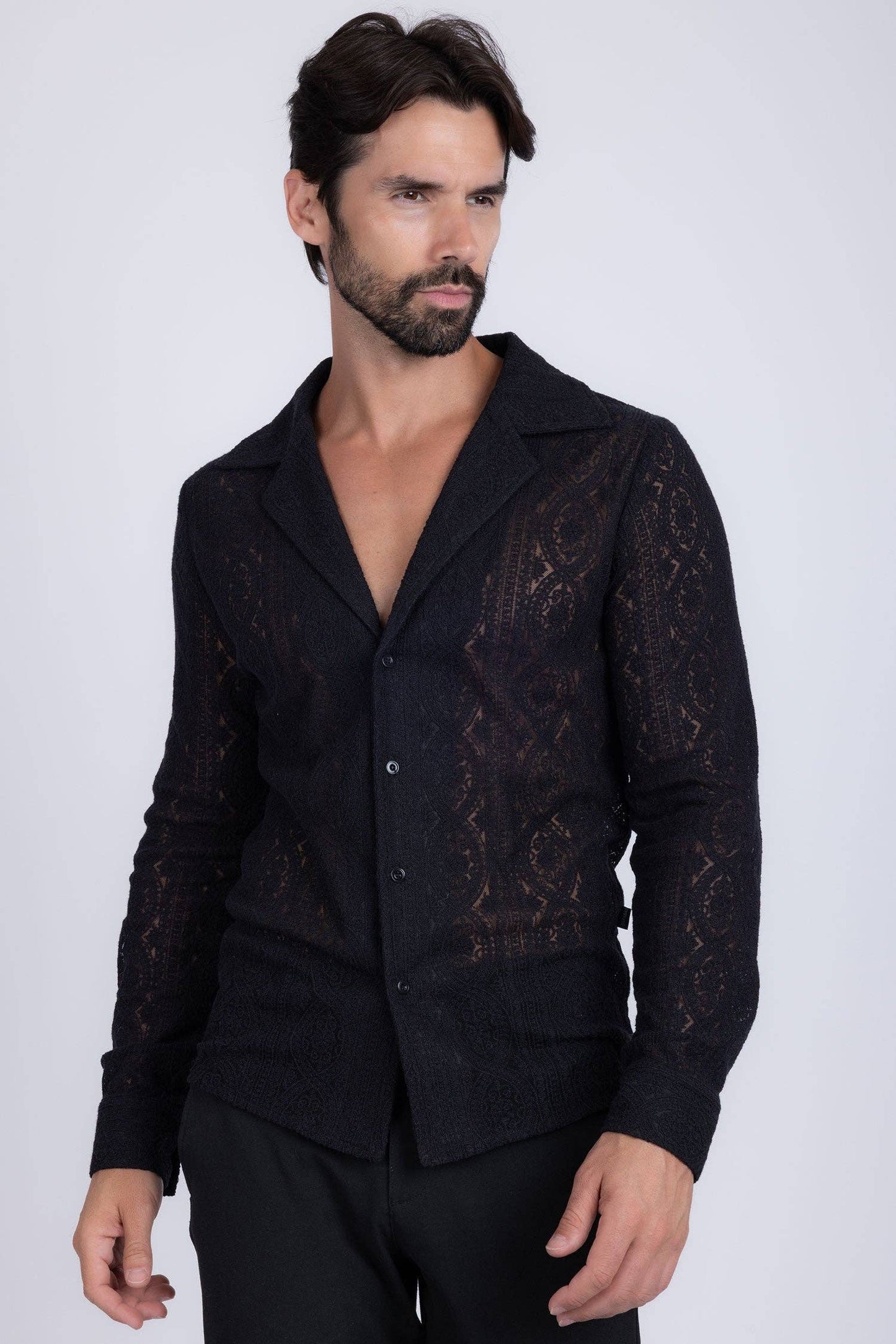 BARABAS - Men's See Through Floral Long Sleeve Shirts 4B85