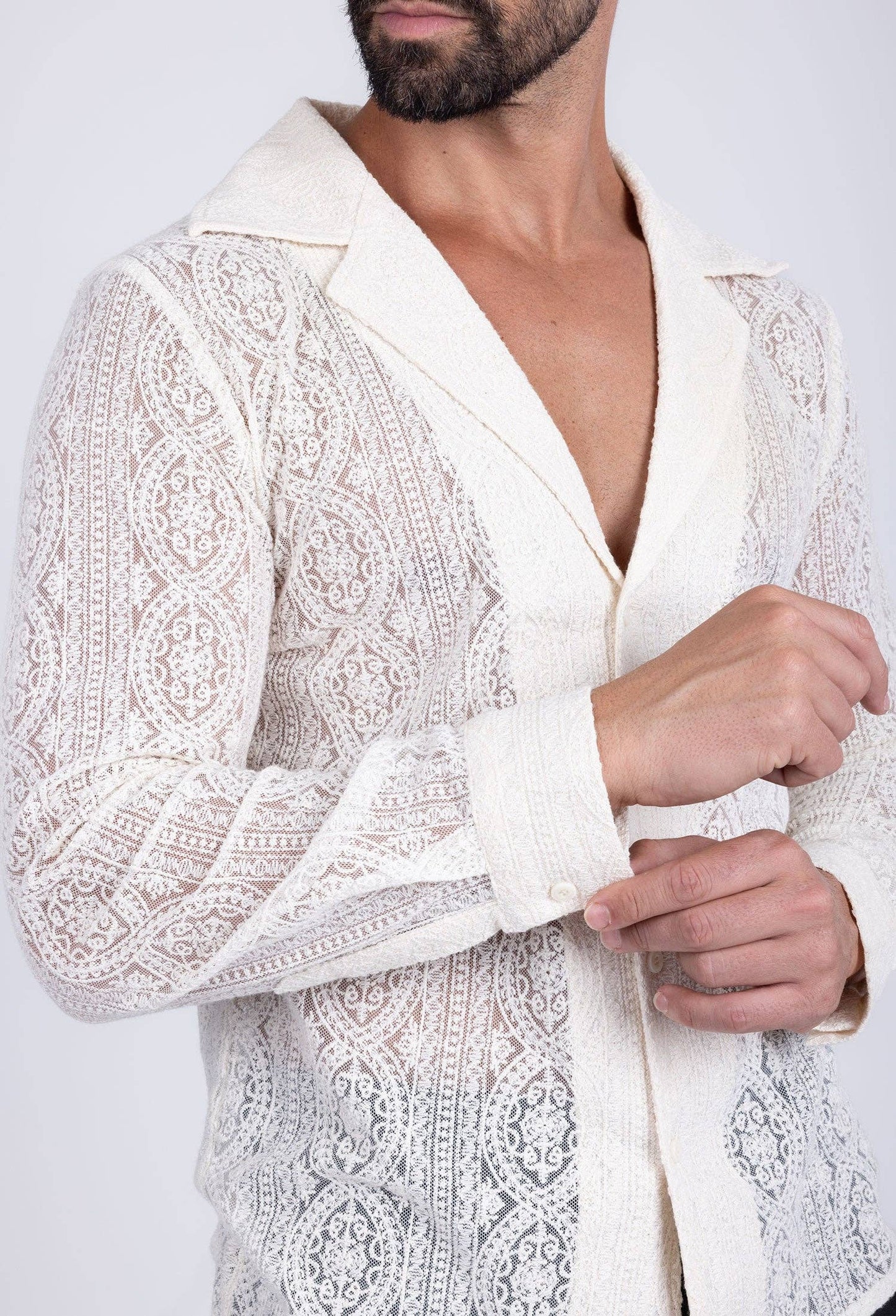BARABAS - Men's See Through Floral Long Sleeve Shirts 4B85