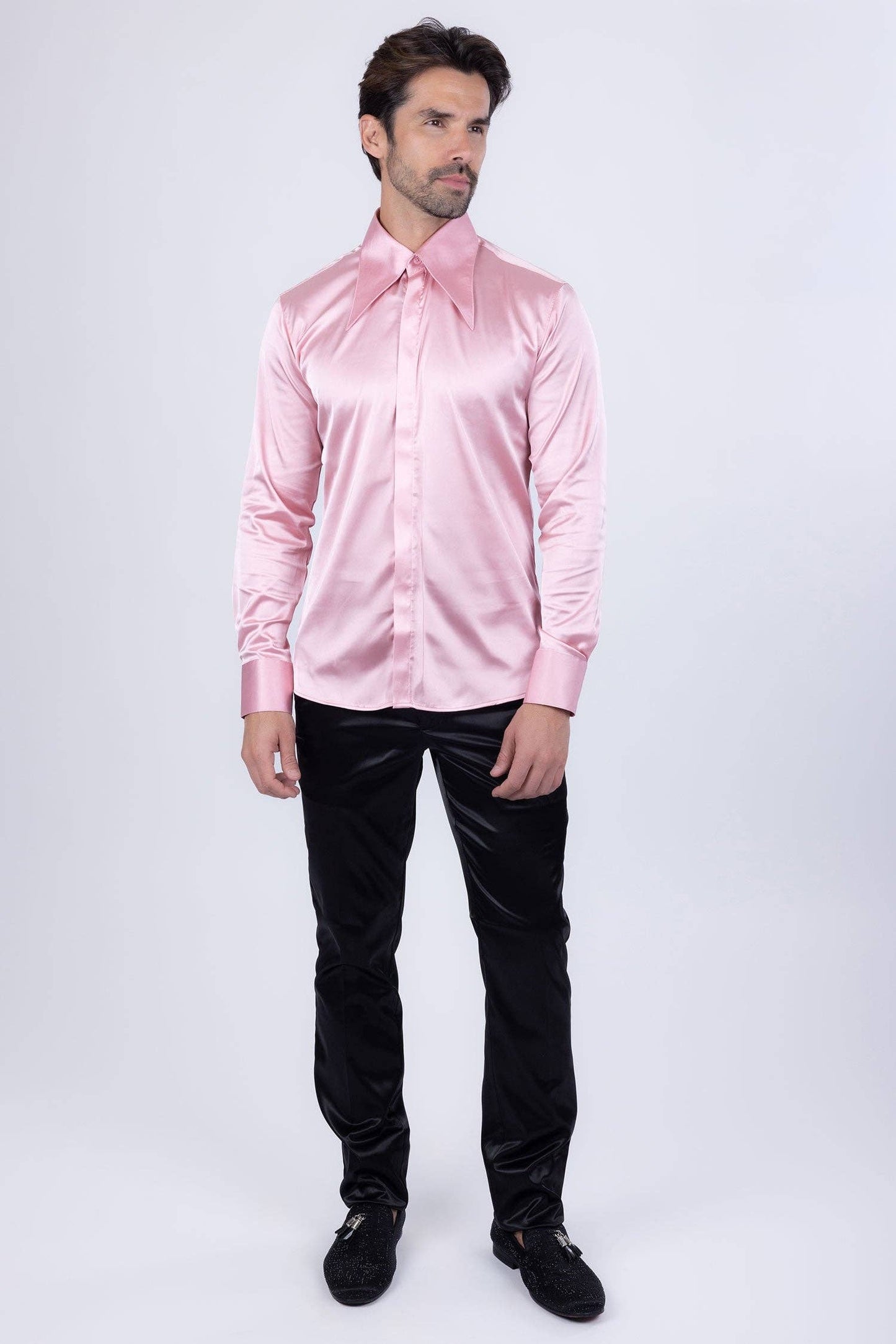 BARABAS - Men's Spear Point Shiny Long Sleeve Shirt 4B102