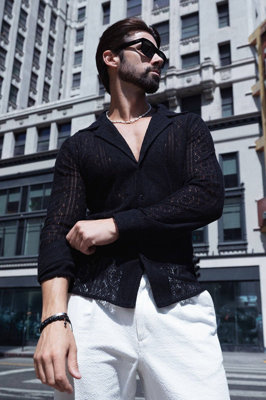 BARABAS - Men's See Through Floral Long Sleeve Shirts 4B85